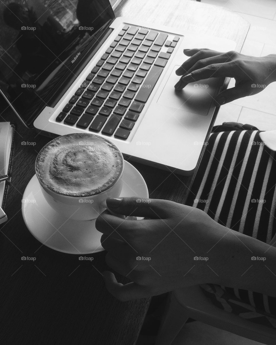 Black and white photo of woman working