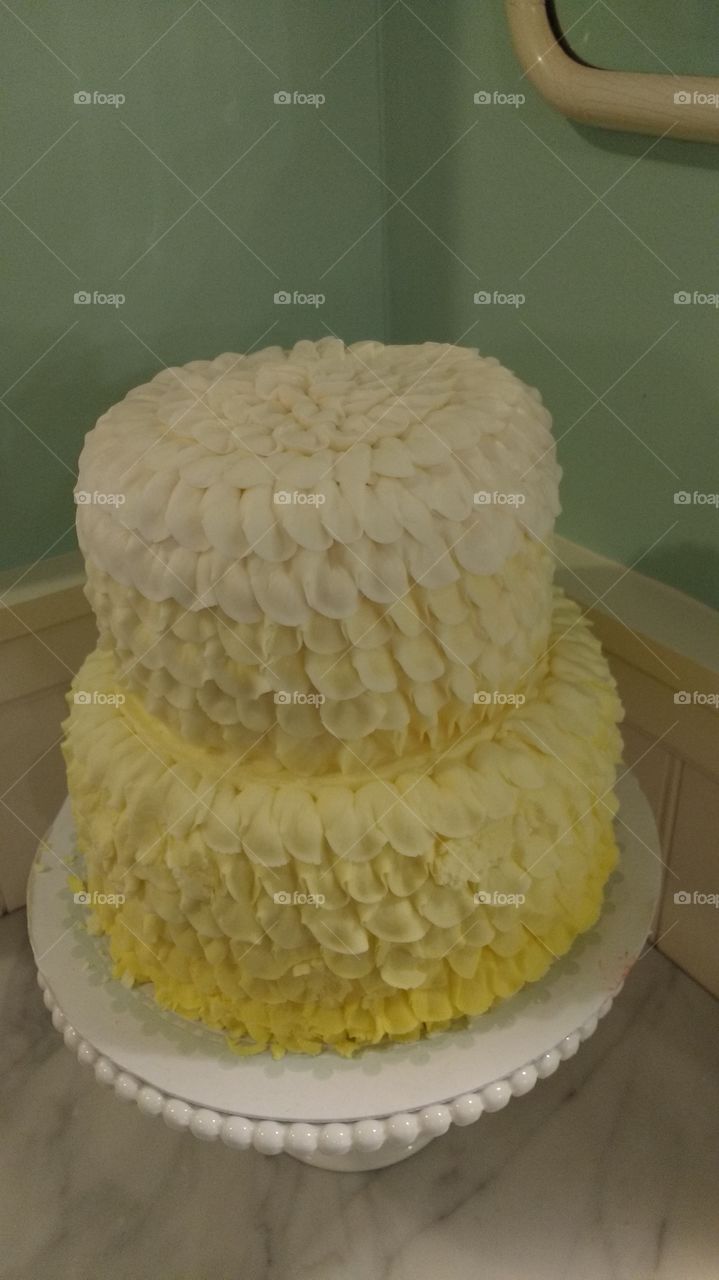 Two Tier Yellow and White Frosted Cake