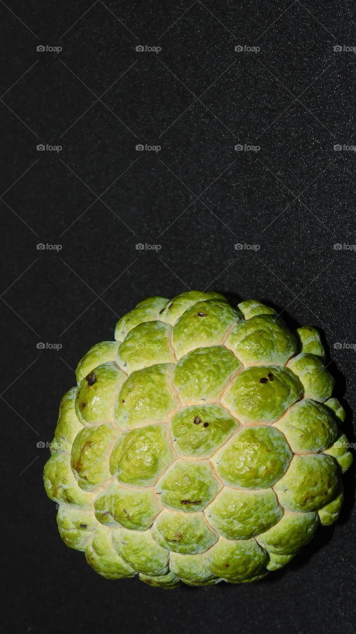 Custard apple fruit with its closeup of Areals on black background.