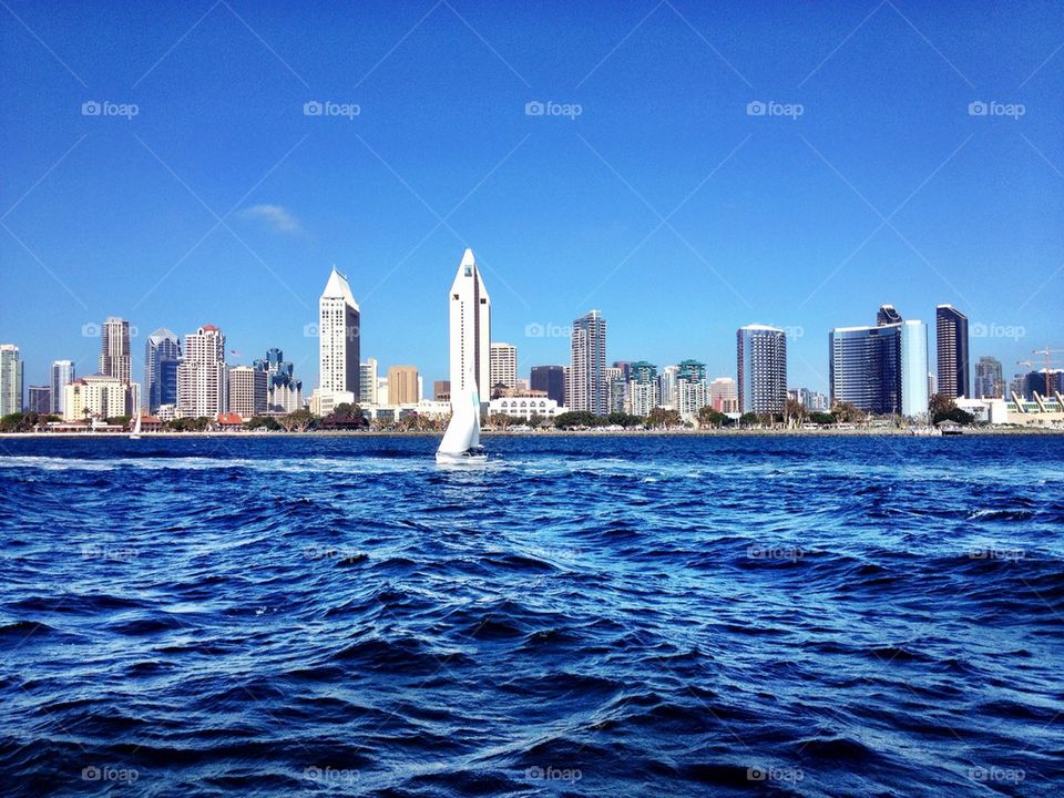 San Diego shoreline with sailboat