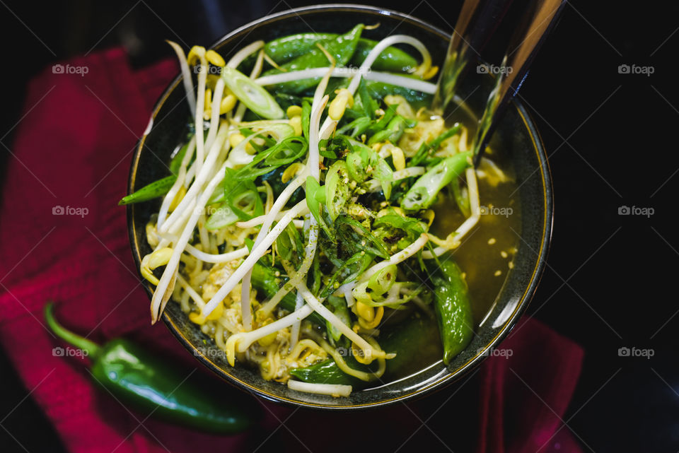 healthy hearty ramen soup with tons of vegetables