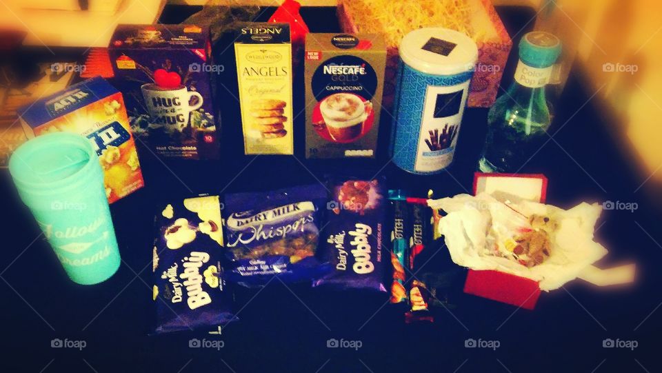 My lovely farewell gifts from work. Chocolates. Popcorn. Coffee. Hot chocolate. Coffee mug.