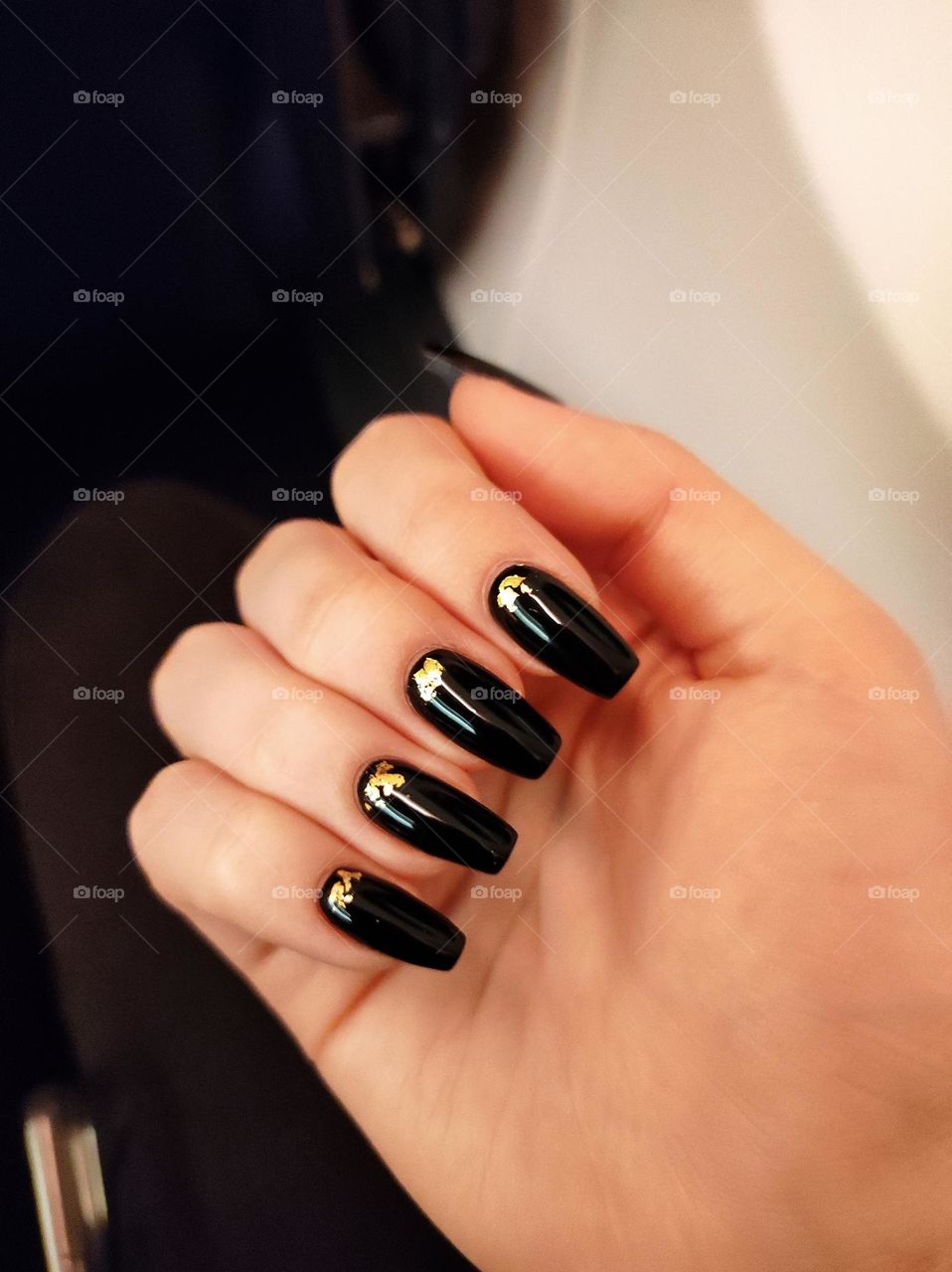 Naturally long nails/ Gel manicure /Black gel manicure with gold pieces /Long nails with gel polish/ Square manicure