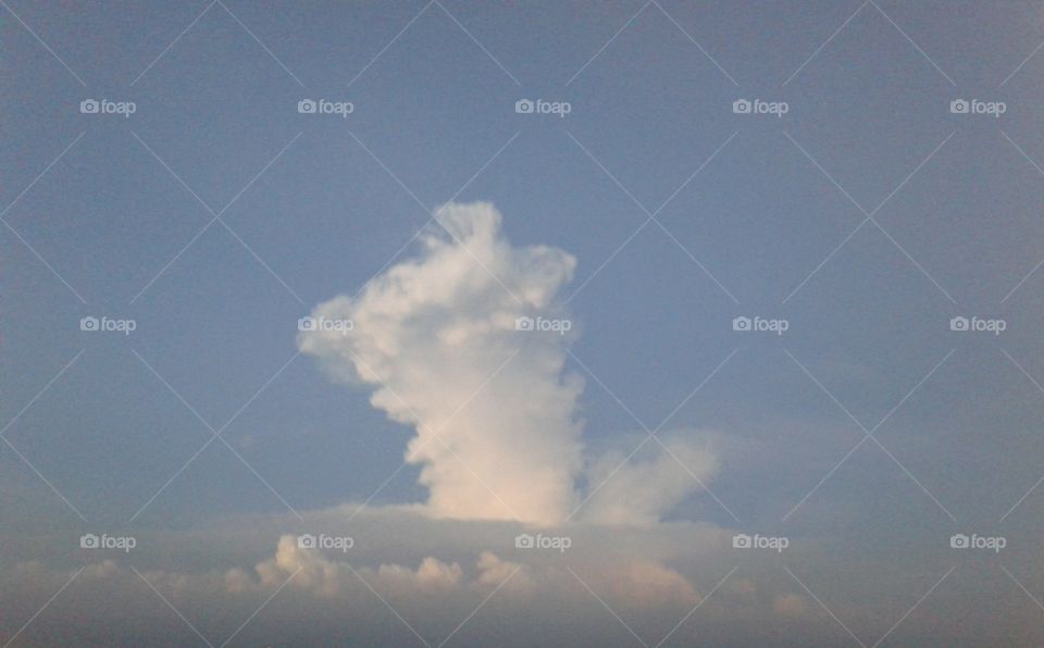 A huge standing white cloud in the sky.