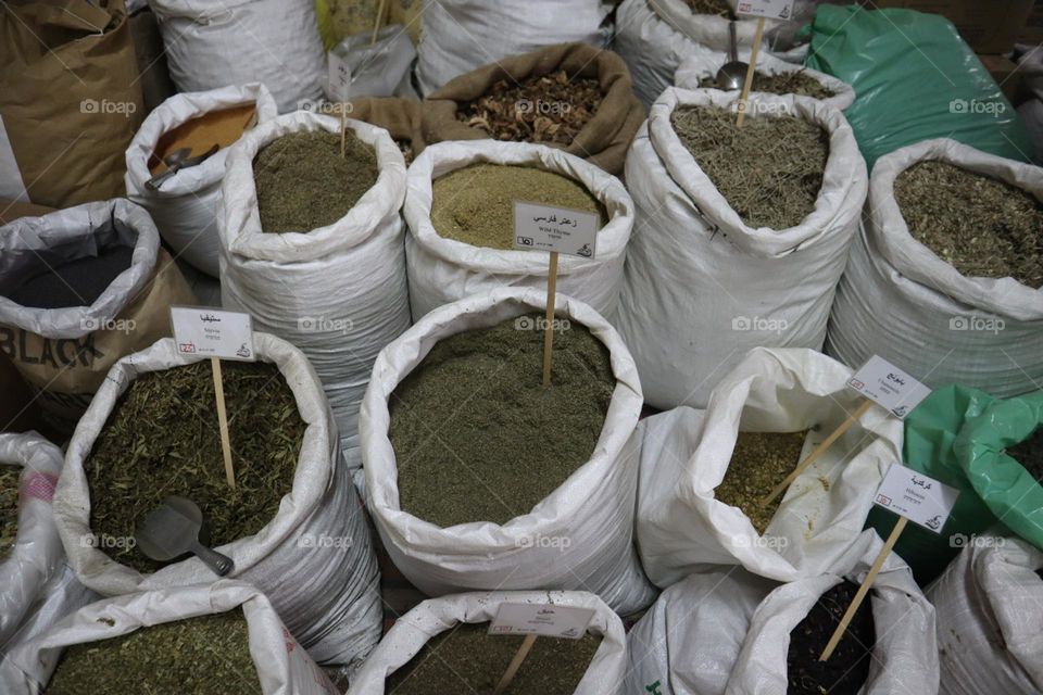 Many spice sacks in a spice shop