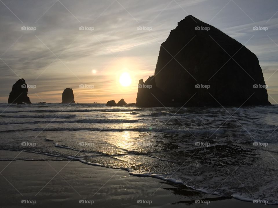 Sunset at Haystack Rock in Cannon Beach, OR. 