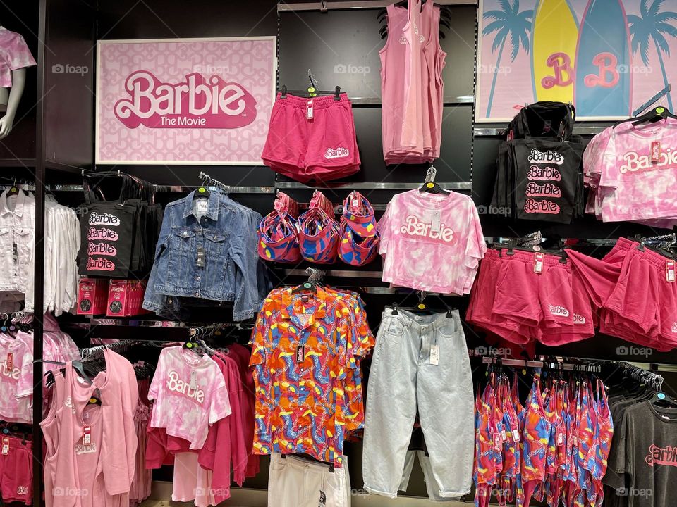 A collection of Barbie-themed clothing displayed in the Primark department store in Dublin city centre. New Barbie film.