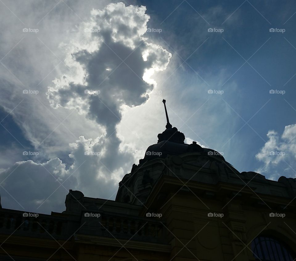 Summer storm cloud over spire, Szechenyi Baths, Budapest, Hungary