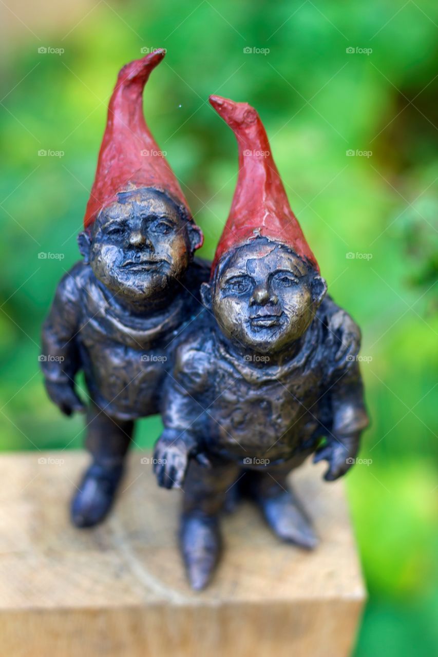 A portrait of two metal garden gnomes looking up like they are looking straight into the camera. they have red pointy hats and are standing on a wooden pole.