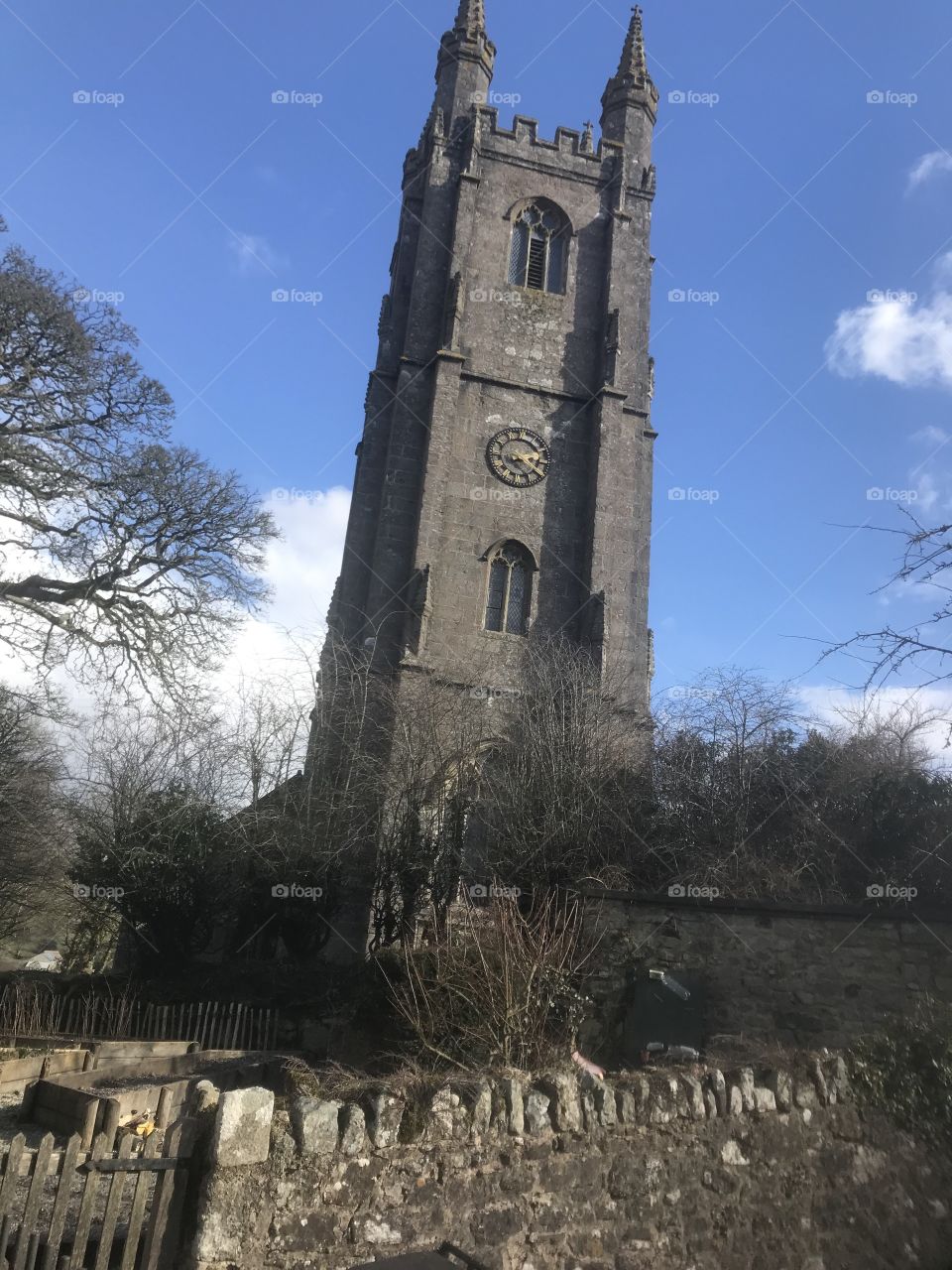 The striking St Pancras Church in Dartmoor on a freezing cold day in Devon.