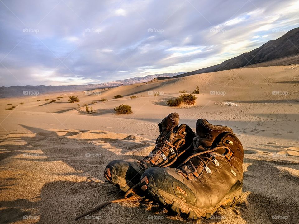 A pair of Oboz boots in Death Valley, California