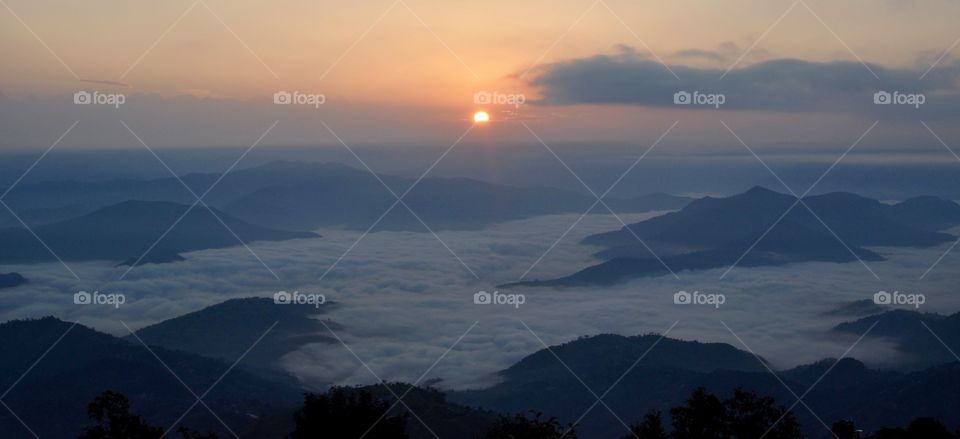 Sunset, Fog, Dawn, Mountain, No Person