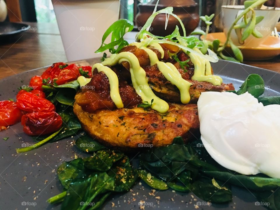 Super Breakfast! Corn Fritters, poached eggs and more yummy goodness.