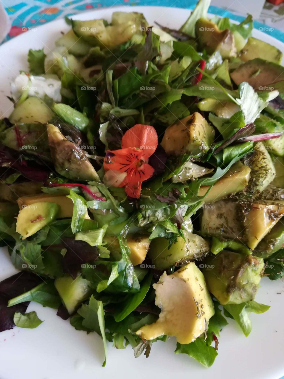 Salad with avocado and flowers