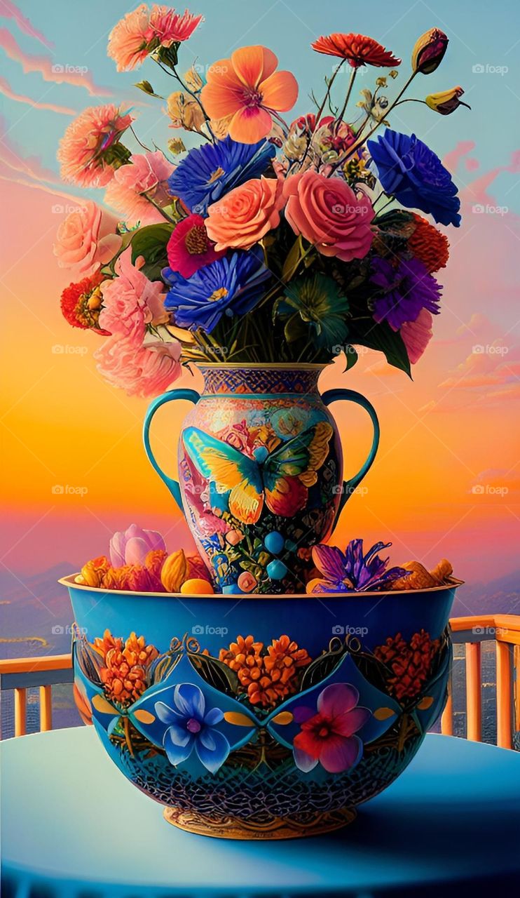 Vaso di fiori al tramonto