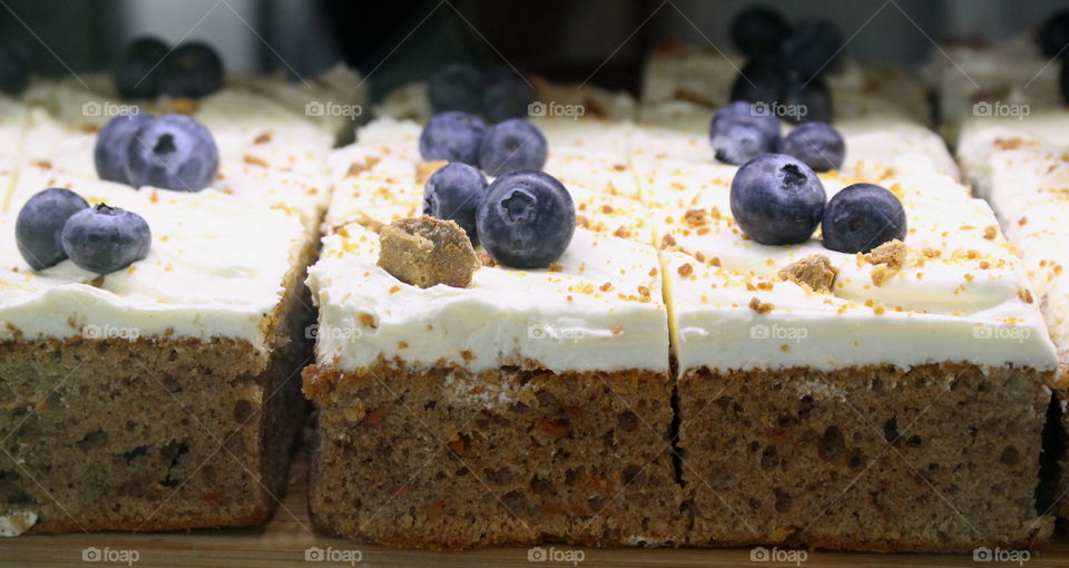 Carrot cake with blueberries.