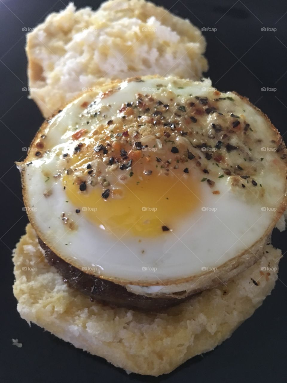Delicious homemade spicy sausage egg biscuit