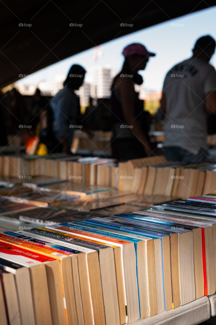 Book seller stall in Thames Riverside walk. London. UK.