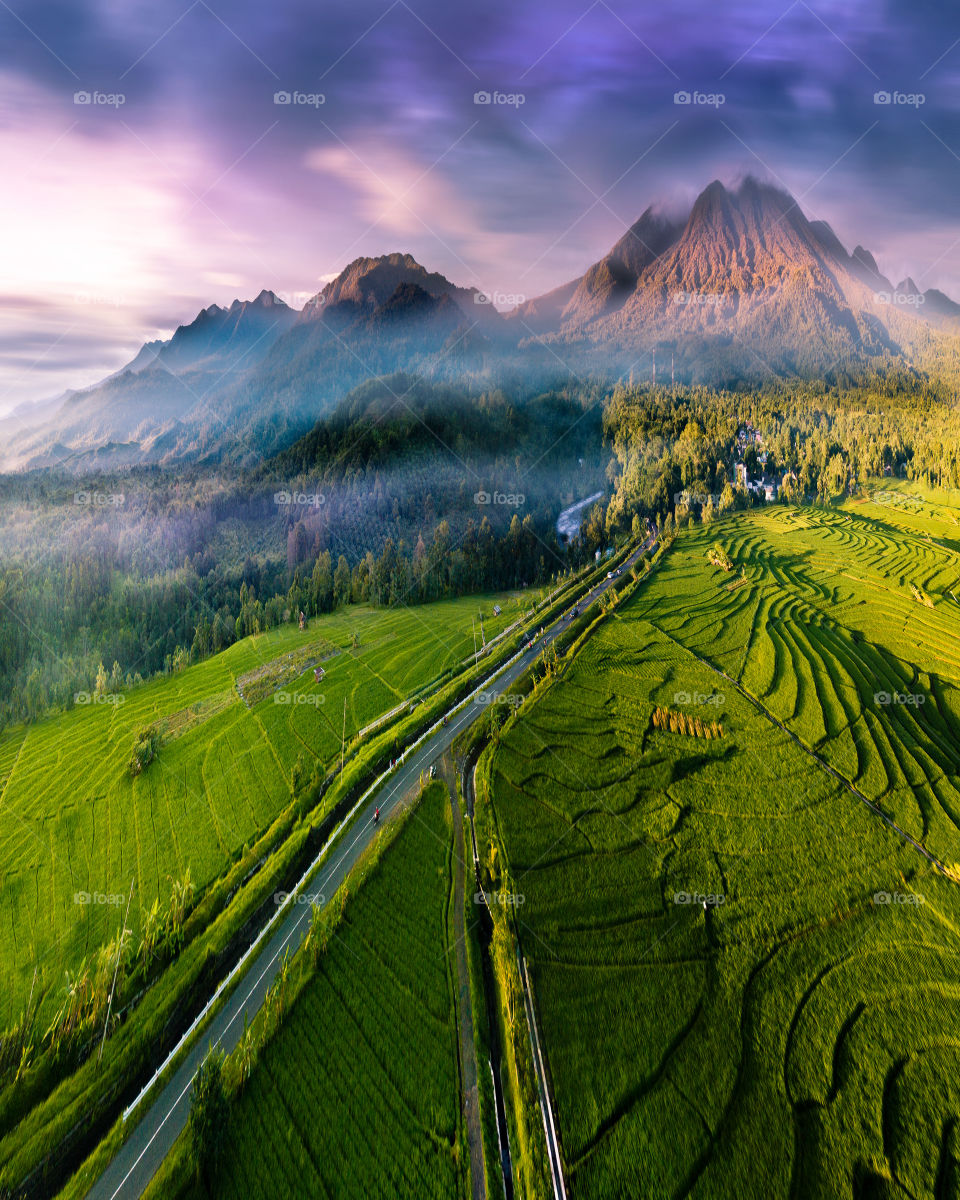 mountain and green fields from above