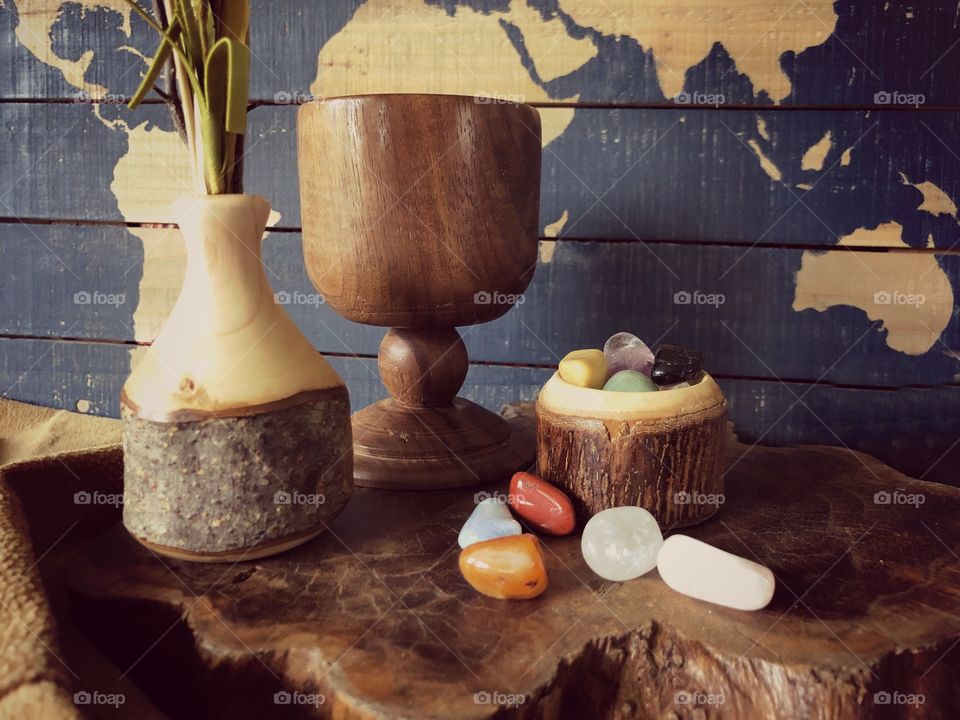 Gifts from Mother Earth crystals and wooden vase, chalice and cup handcrafted woodworking from reclaimed wood.
