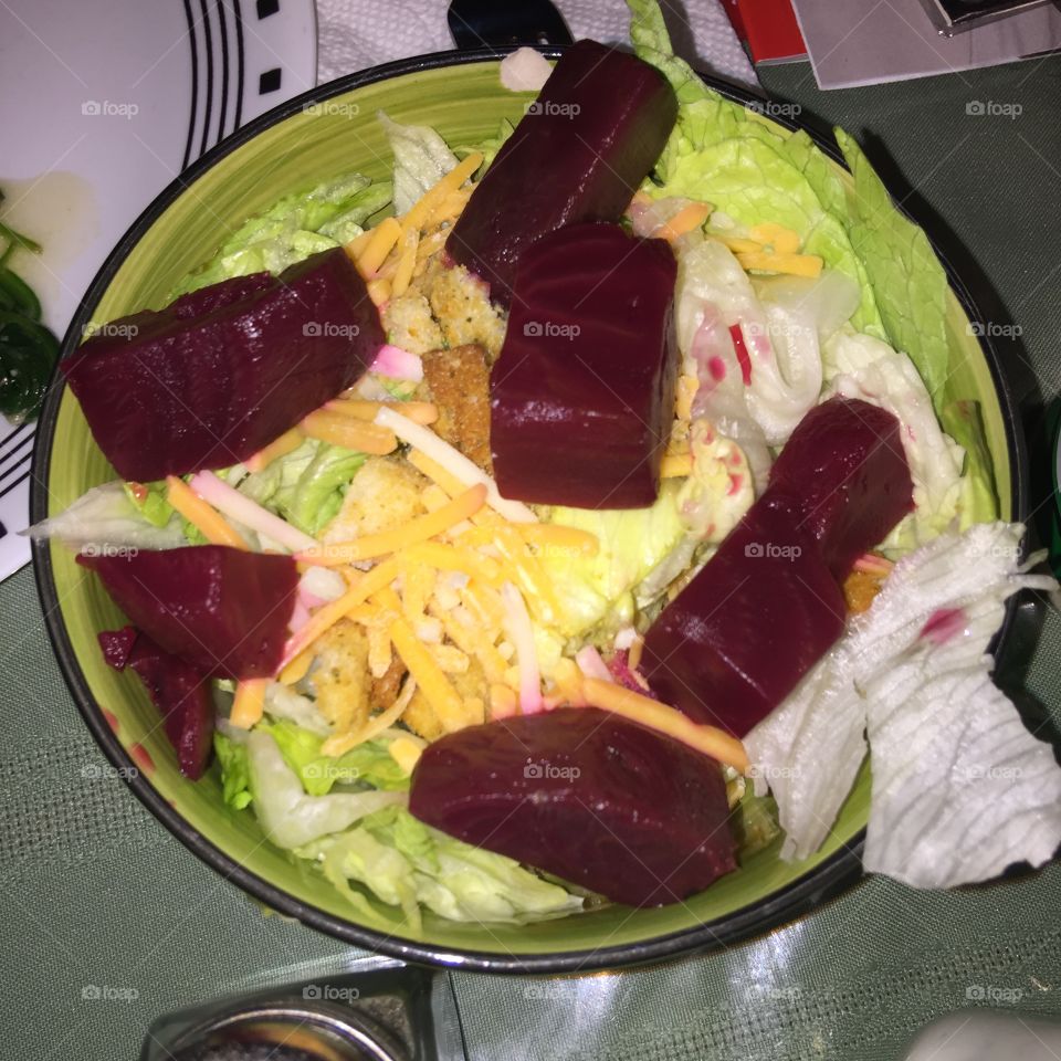 Delicious Salad with beets, cheese, croutons 