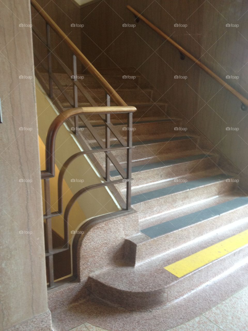 Art Deco stairs in courthouse. Art Deco brass staircase rails in Gillespie County courthouse in Fredericksburg, Texas.