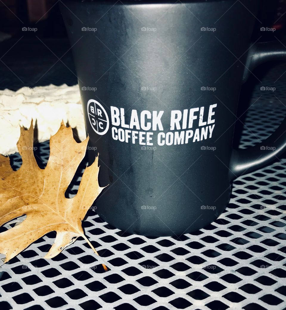 Black Coffee on a Fall Morning in a Black Rifle Coffee Company Mug