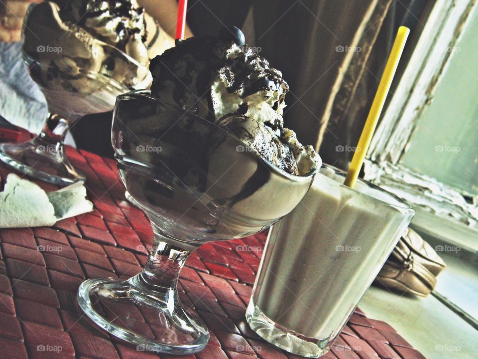 Ice cream with chocolate in glass 