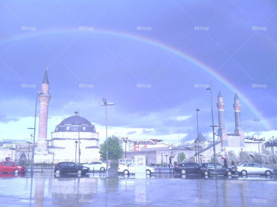 Rainbow between minarets. 