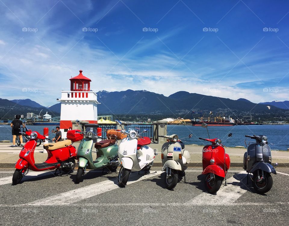 Vespa scooters in Stanley Park, Vancouver, Canada