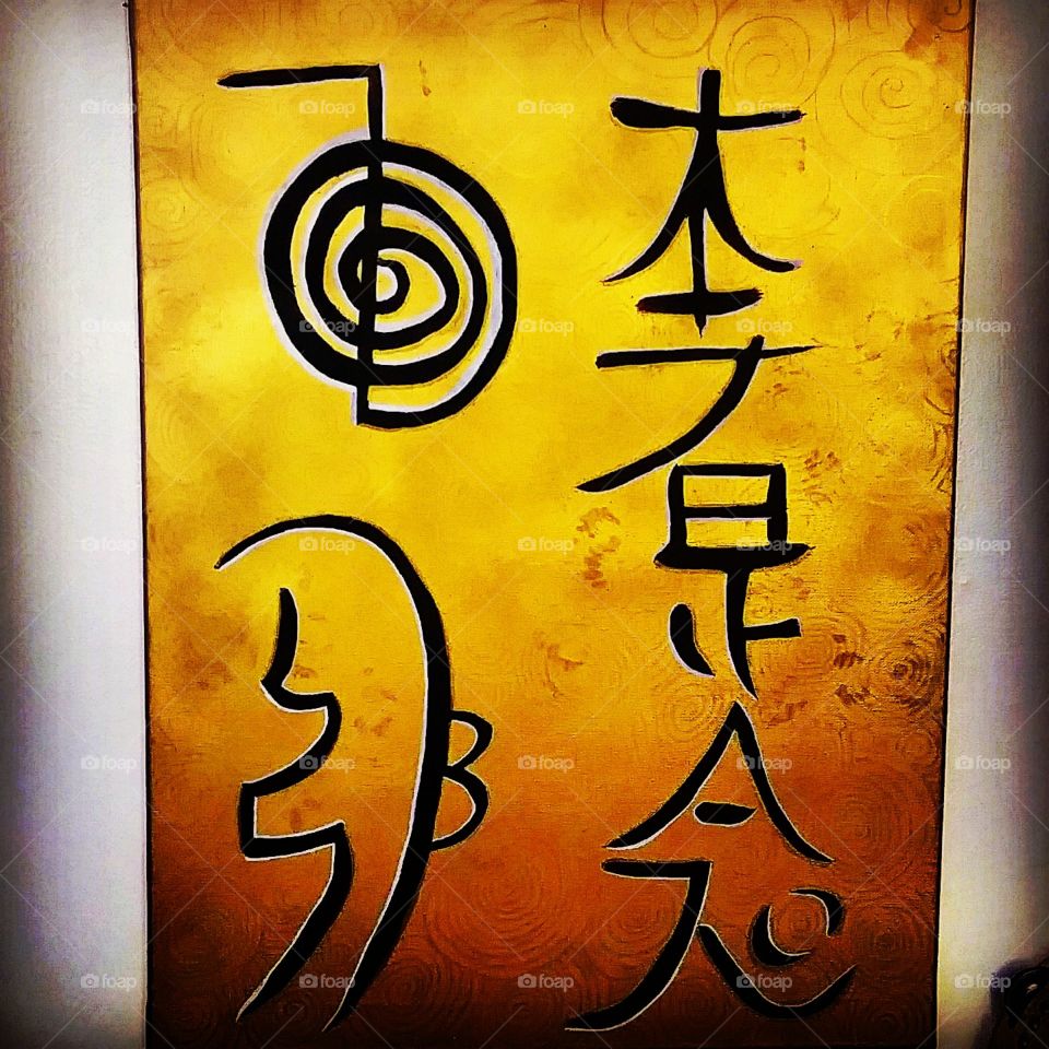 picture  of Reiki Symbols painting by Artist  April Huckabay. golden swirls. epic prayer poem underneath. sale by auction of highest bidder.