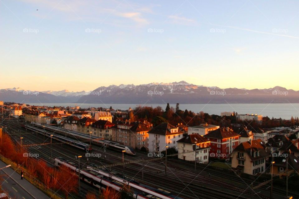 Lausanne city view . View of the city of Lausanne at sunrise 