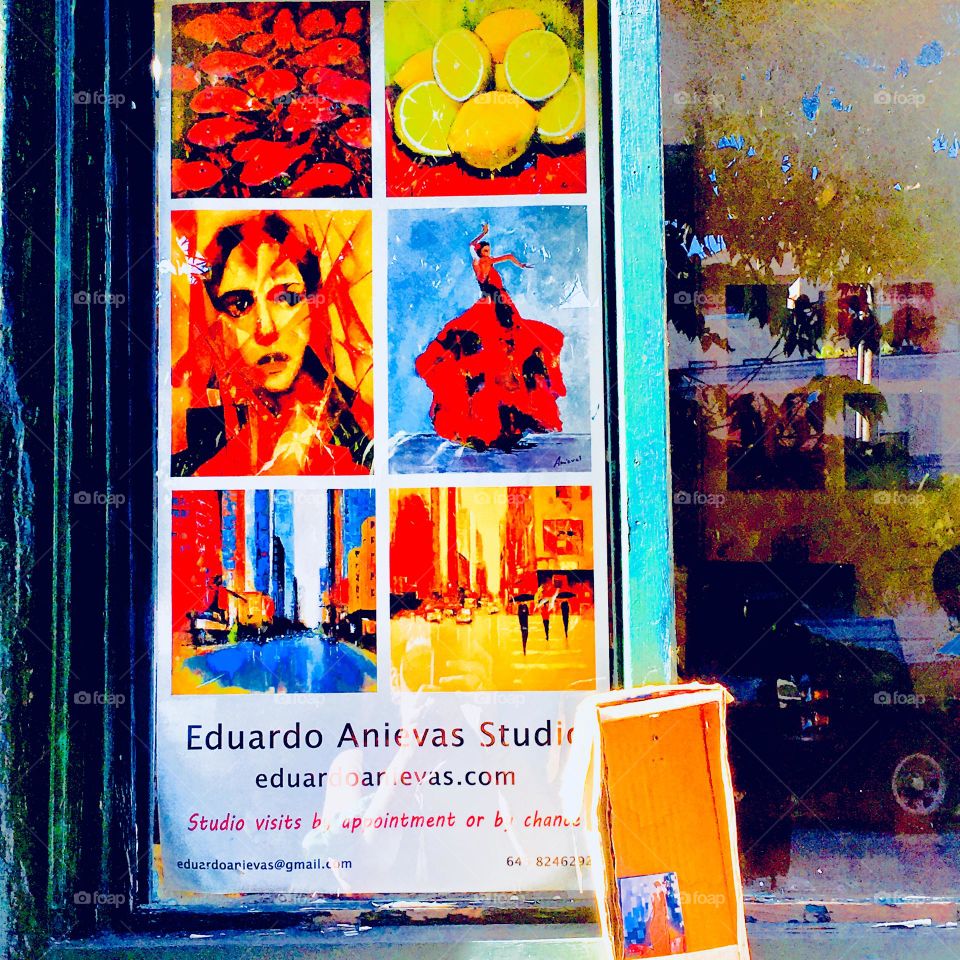 A colorful poster inviting to a show at an art gallery in Long Island City, Queens, NY on 48th St just off Vernon Jackson Ave was put up visibly on the sidewalk next to our laundromat which is how it got my attention. 2020. Hypnotic Productions 