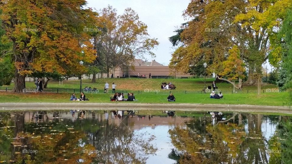 Reflection of trees and people having good time by the pond in Montpellier, France.