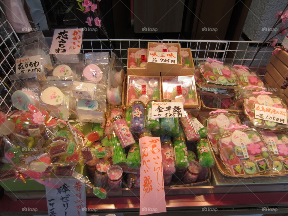 Traditional Japanese Sweets. Wagashi for Sale Across from Asakusa Kannon, Sensoji Buddhist Temple and Gardens.  Spring Themed Candy and Gifts.