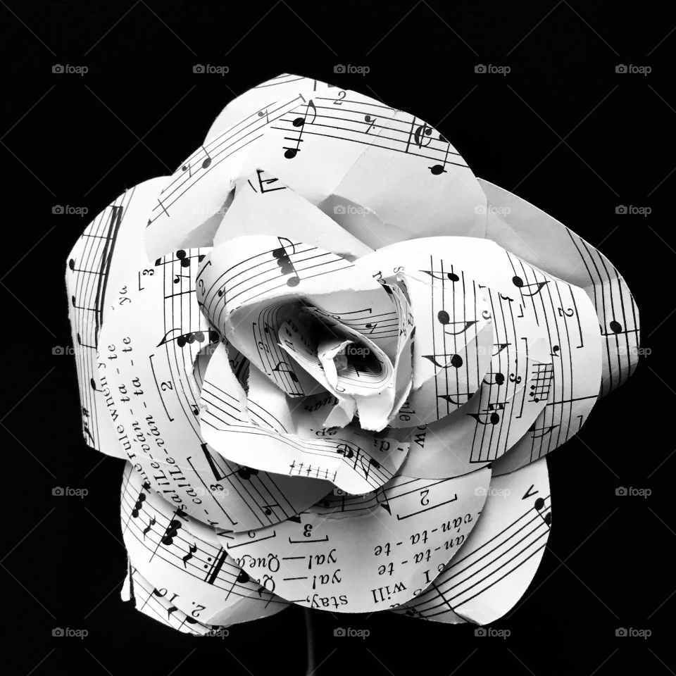 Black and white flower made of sheet music paper 