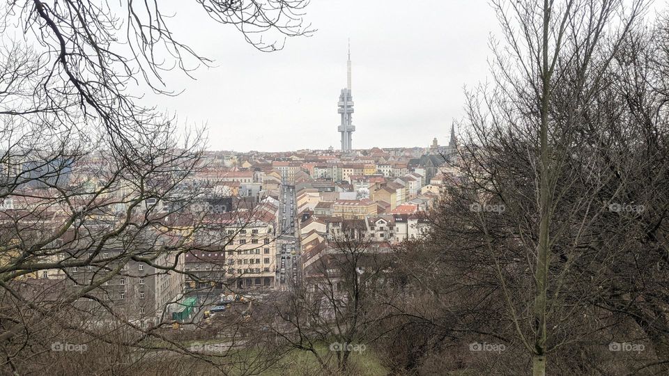 A view of Prague's Žižkov district from the Vítkov Hill. The Žižkov TV tower is clearly visible.