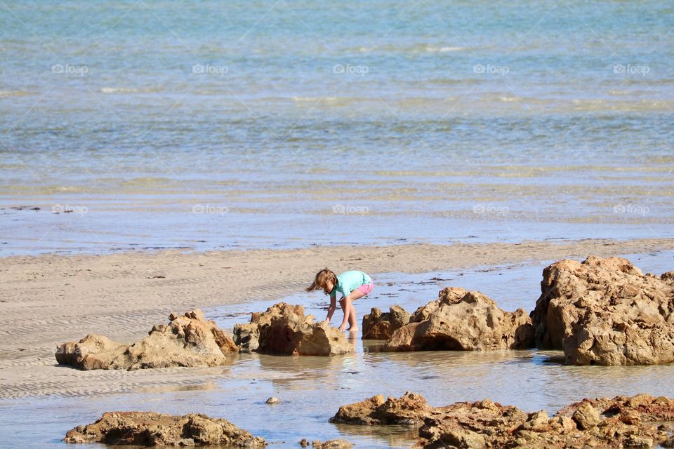 Little girl playing at seashore collecting seashells