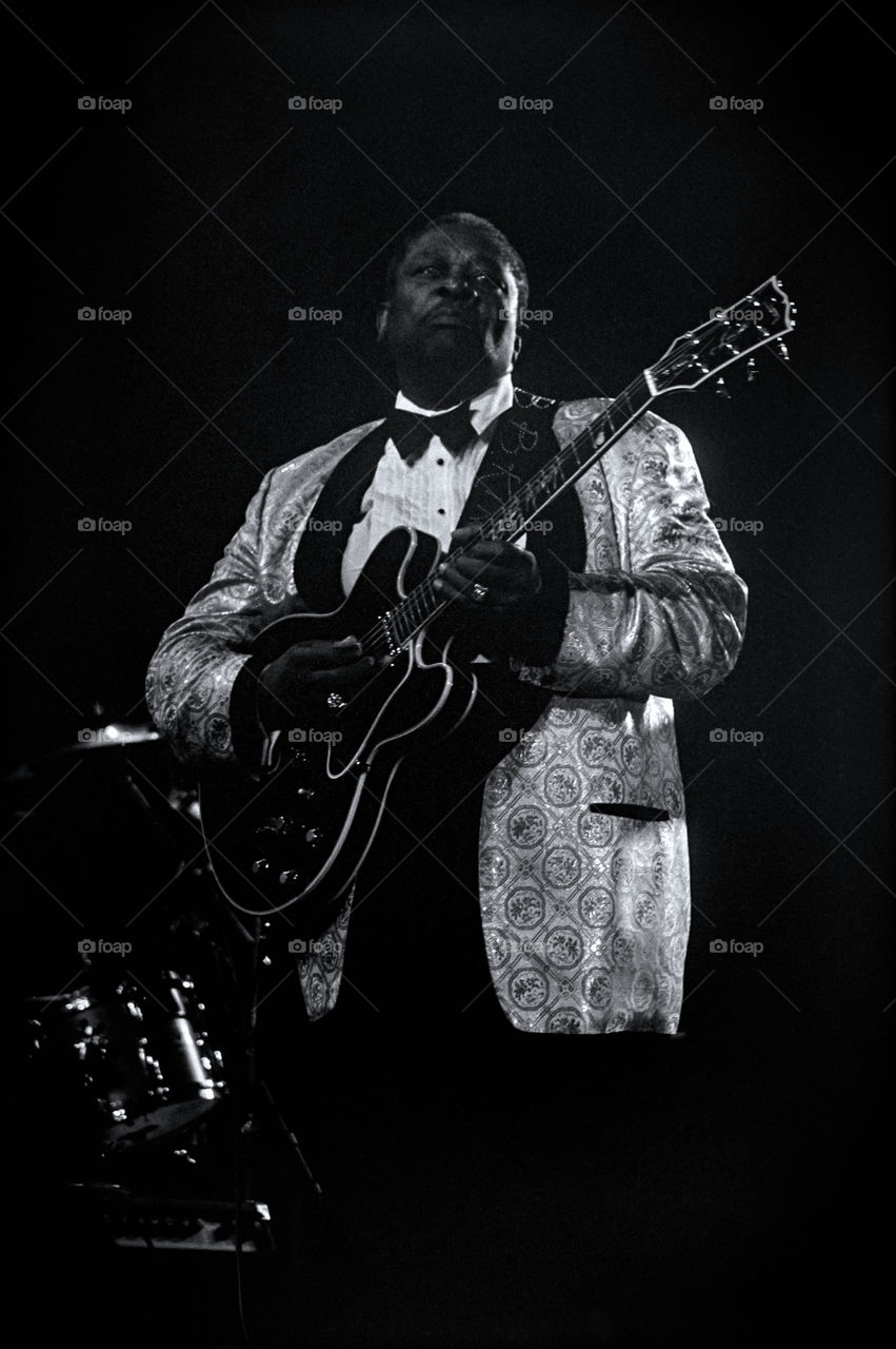 10 March 1996, the legendary Blues Boy, B. B. King performing at the Arena Hall in Poznan, Poland. American blues guitarist and singer-songwriter. Archival image could have imperfections as it is digital reproduction from b&w negative. Editorial use.