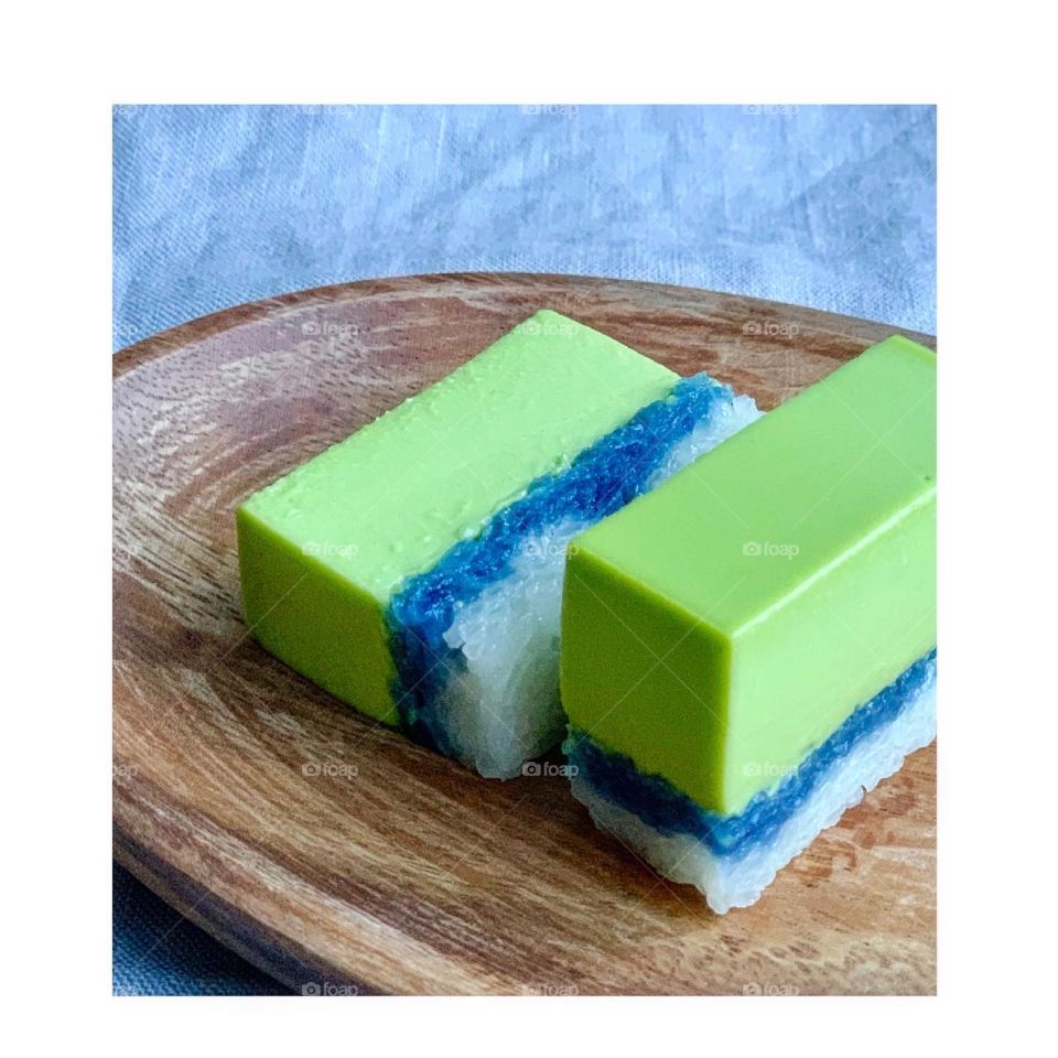 Perfect juxtapose in green and white colours. Kueh salat is a traditional nonya dessert cake that is rich in flavours 