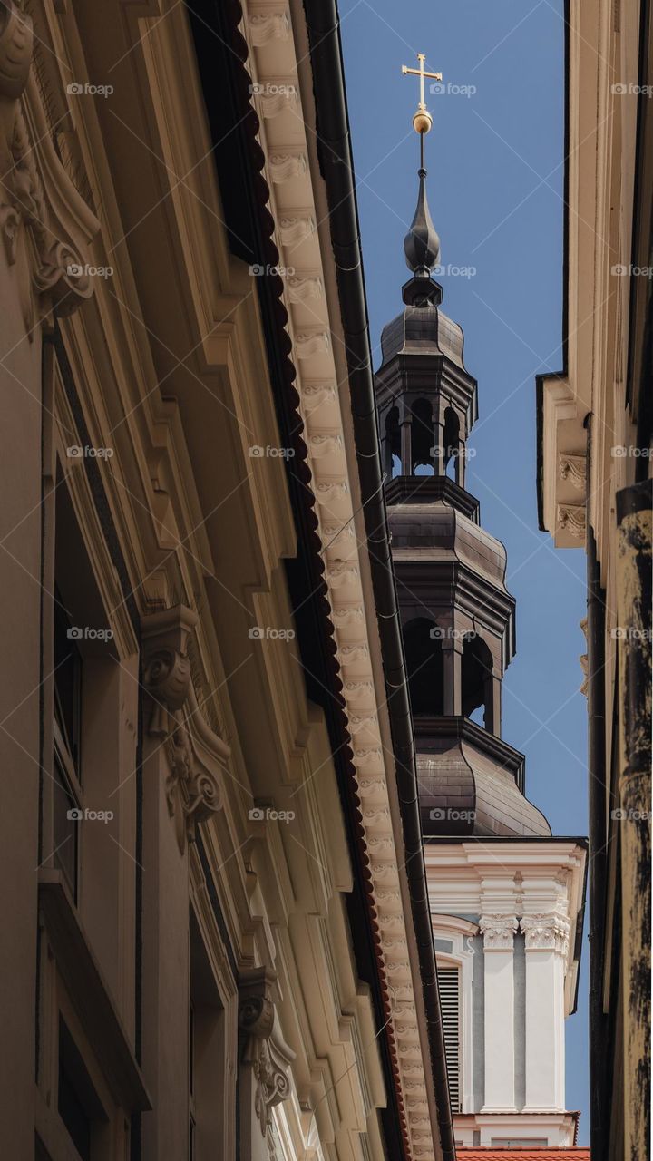 church tower and tenement houses