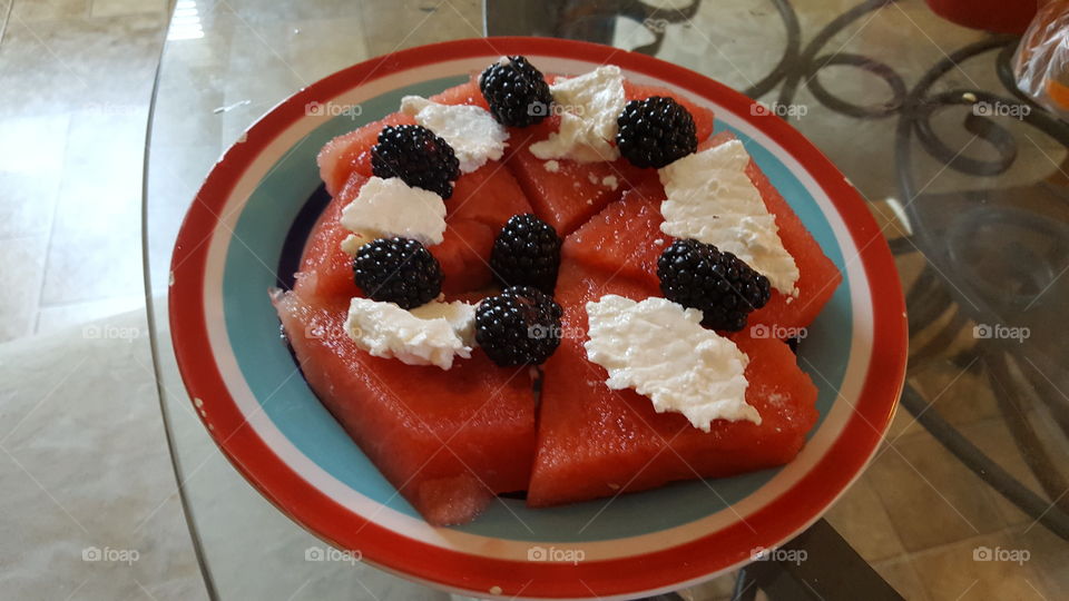 Watermelon, white cheese and blackberries