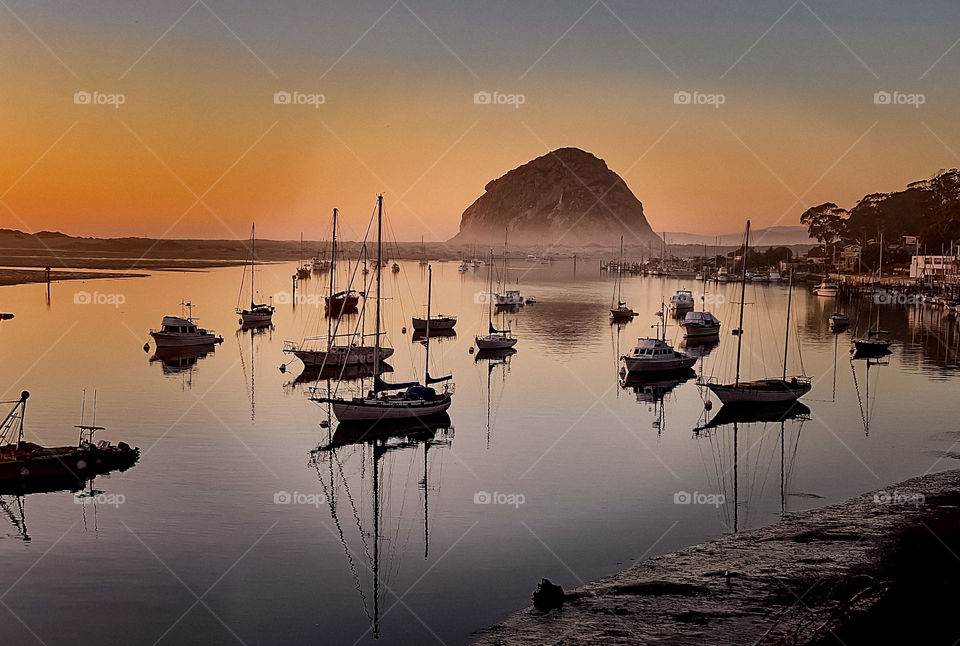 Foap Mission Golden Hour! Dawn Just Beginning Morro Bay Central California Coast , Sailboats, Fog, And The Famous Rock Formation!