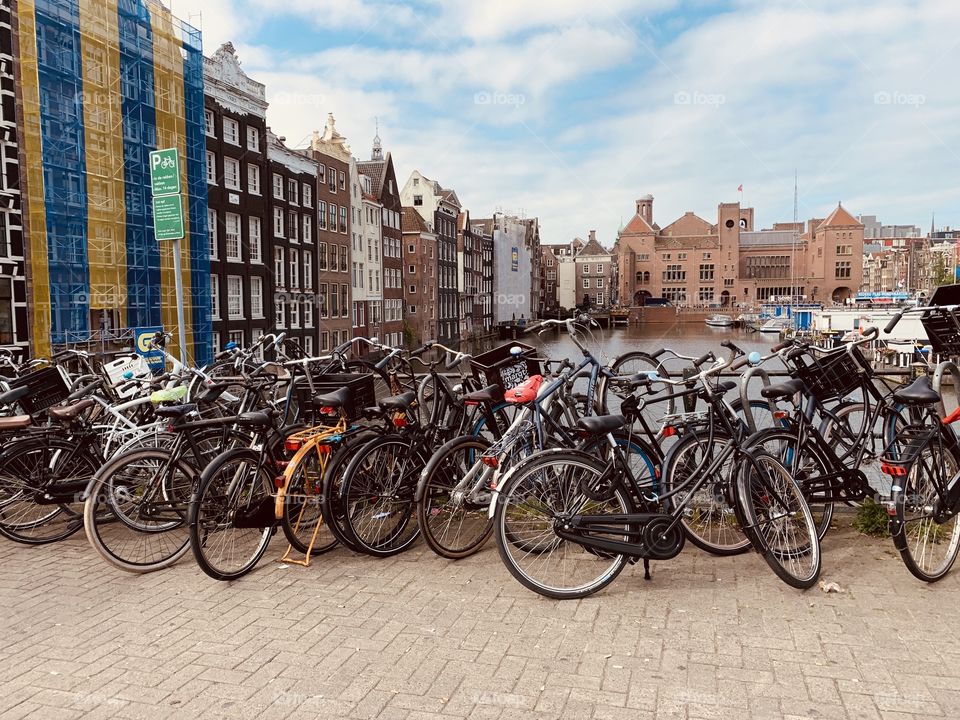 Bikes parked in the center of Amsterdam. 