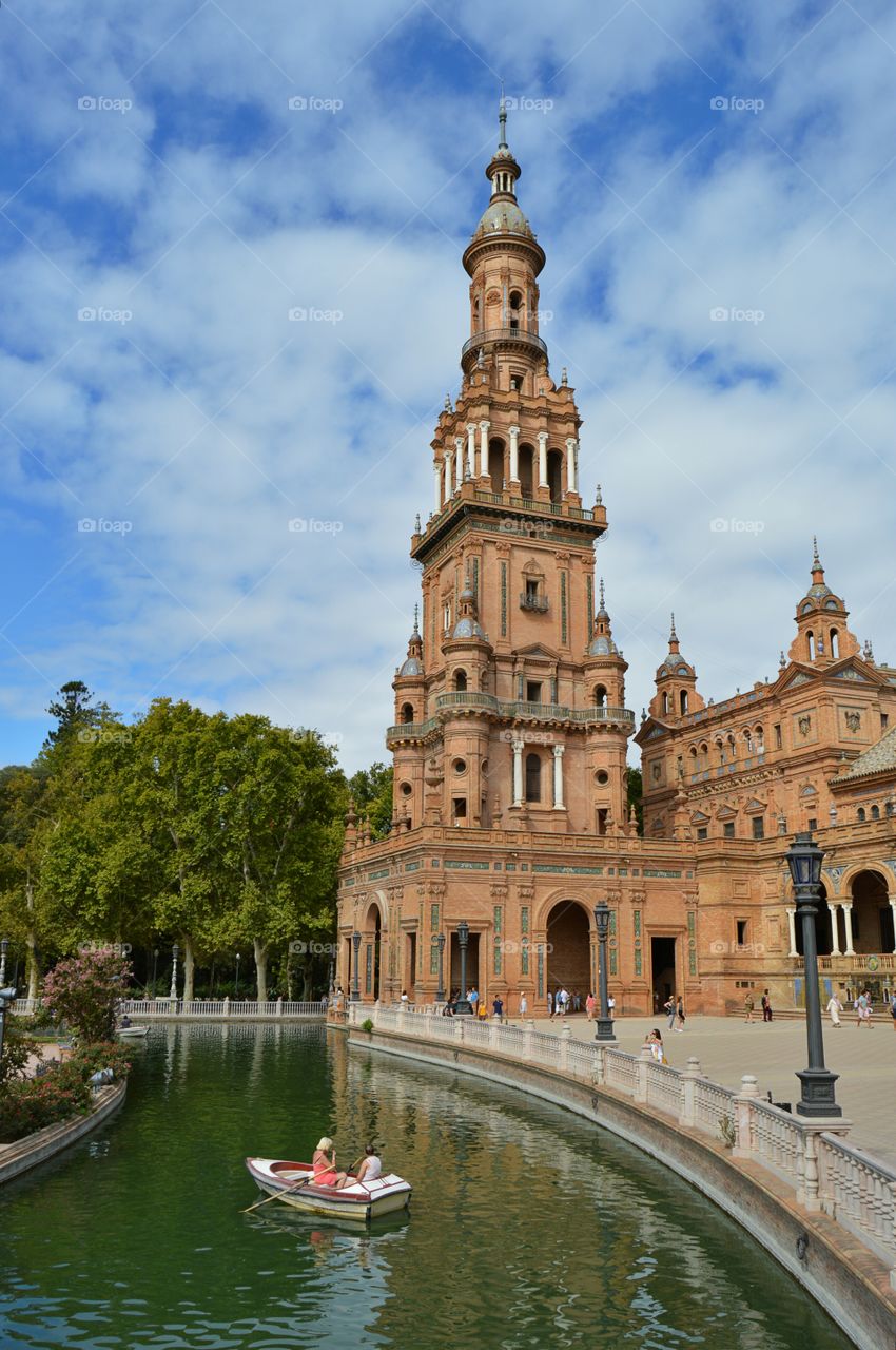 North Tower- Plaza de España. View of the north tower and river at Plaza de España, Seville, Spain.