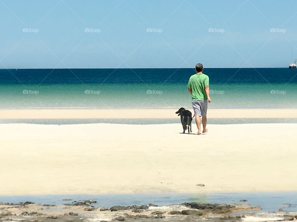 Young man walking dog on sand at ocean walking toward horizon. Conceptual minimalistic image 