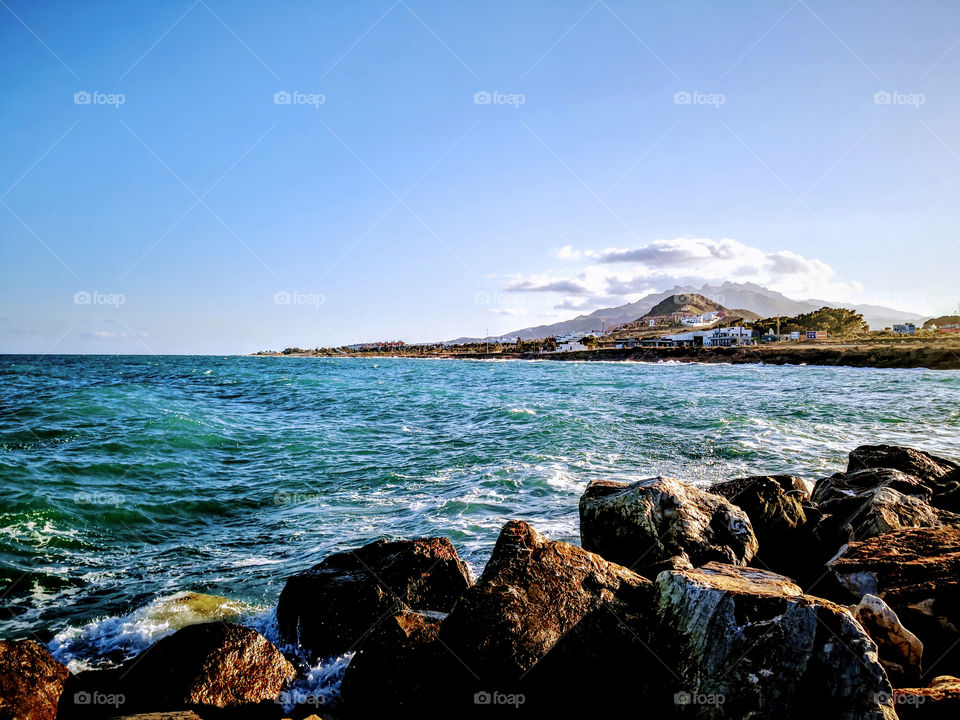 Breakwater blocks along the sea shore