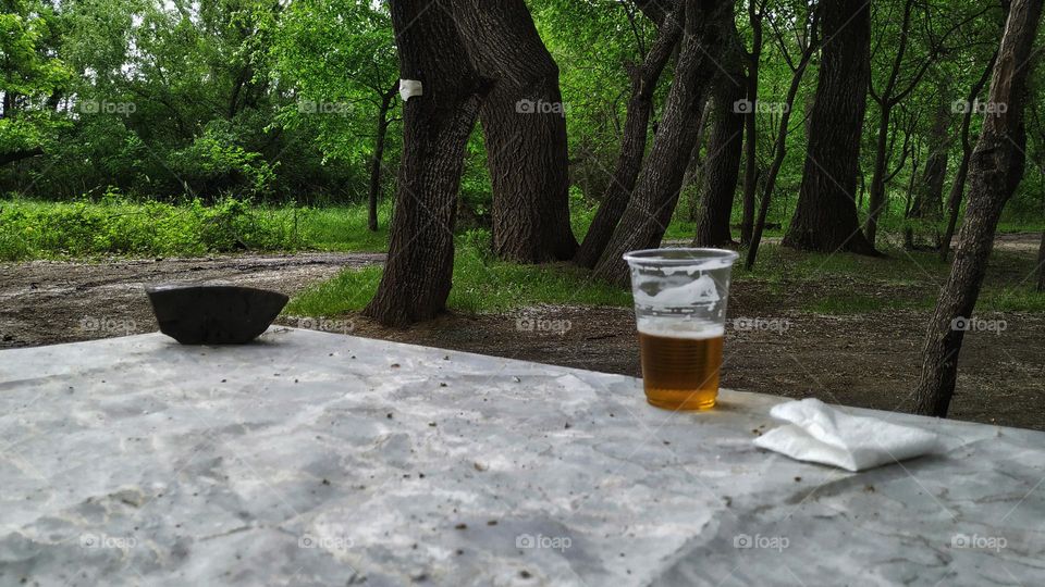 Wooden table and chairs in the forest