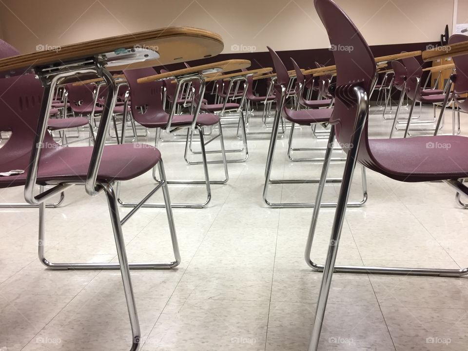 Desks in college classroom.