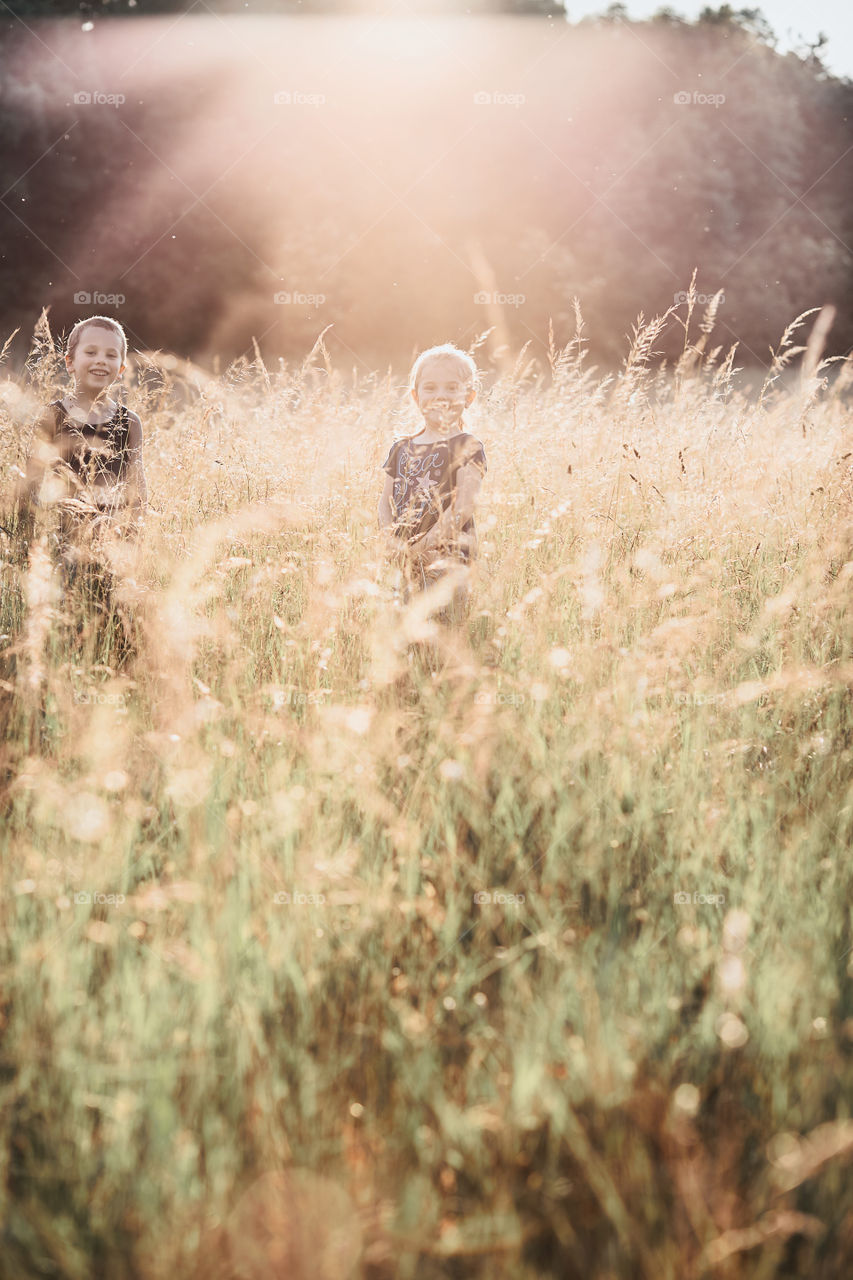 Little happy smiling kids playing in a tall grass in the countryside. Candid people, real moments, authentic situations